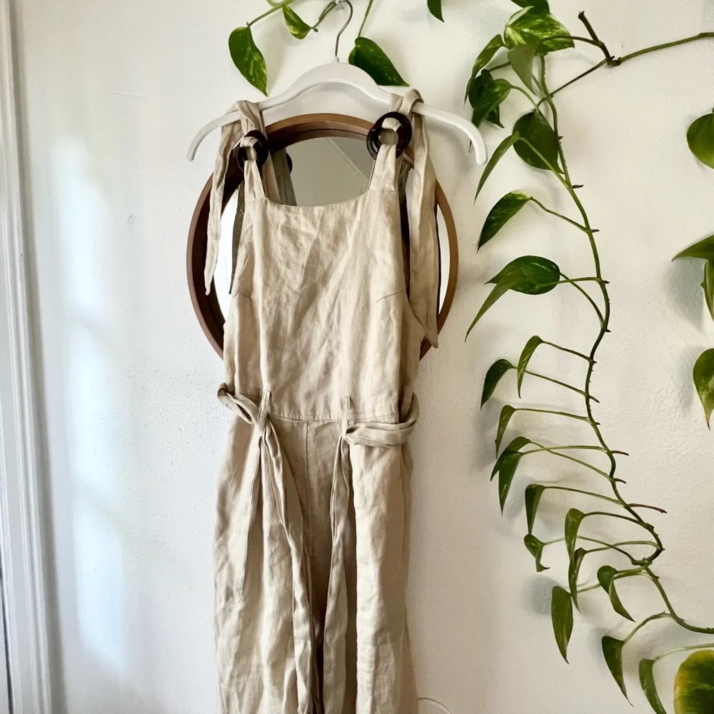 Free People Beige Linen Tie-Back Jumpsuit - Picture 2 of 6